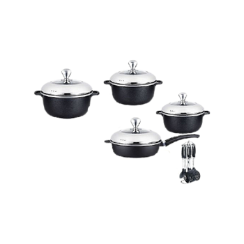 Set de 4 Oale cu 4 Capace si 6 Unelte de Bucatarie, Aluminiu, Capace Termorezistente, Diametre de 20/24/28/28 cm, Ergonomice, Negru Set de 4 Oale cu 4 Capace si 6 Unelte de Bucatarie, Aluminiu, Capace Termorezistente, Diametre de 20/24/28/28 cm, Ergonomice, Negru