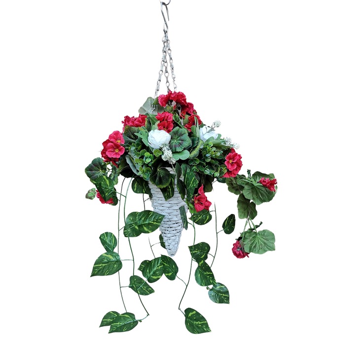 Ghiveci conic suspendat din ratan vopsit alb, DADY, cu flori artificiale rosii si albe, dimensiuni aranjament diametru 30 cm