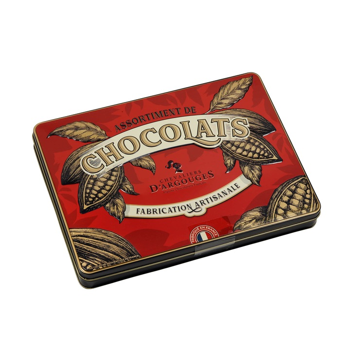 Bomboane de ciocolata din Franta in cutie metalica pentru cadou, Chevaliers d'Argouges, 300gr