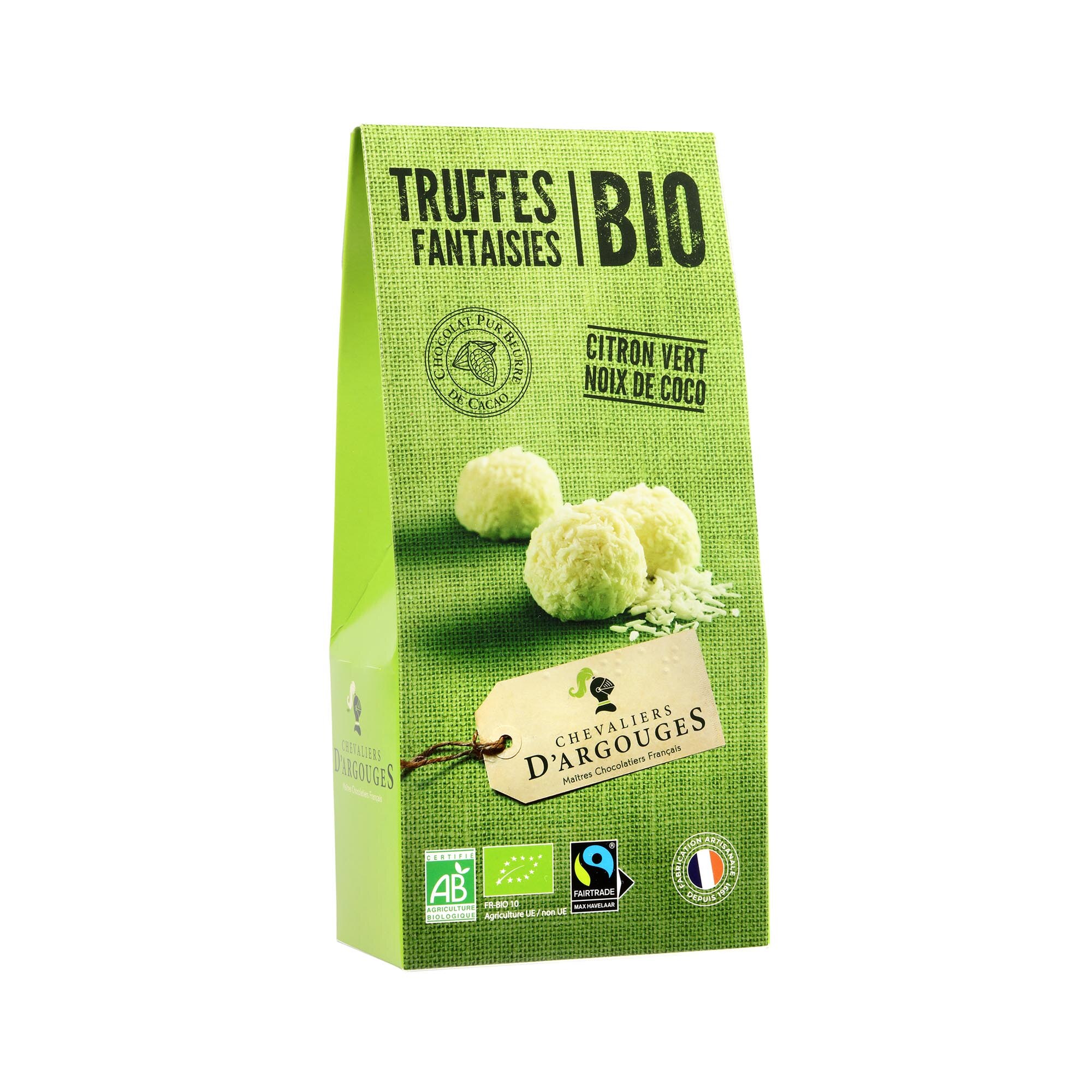 Trufe de ciocolata alba BIO cu lime si cocos, Chevaliers d'Argouges, 160gr