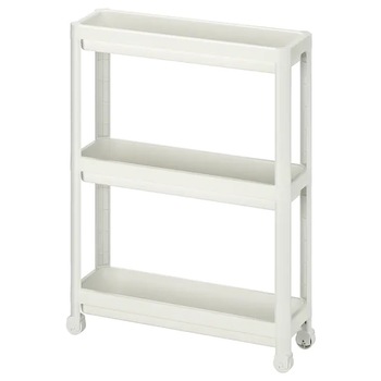 Raft de depozitare cu roti , pentru bucatarie, baie sau birou culoare Alb, 3 polite 71 cm x 54 cm x18 cm Raft de depozitare cu roti , pentru bucatarie, baie sau birou culoare Alb, 3 polite 71 cm x 54 cm x18 cm