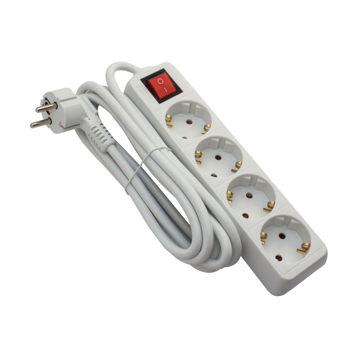 Удължител 4 гнезда, 1,5 м, кабел 3x1,5 mmp, с ключ, бял, Strohm