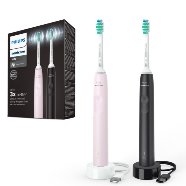 Комплект 2 Електрически четки за зъби Philips Sonicare Seria 3100 HX3675/15, Звукова технология, 31000 движения / минута, 1 режим на почистване, Сензор за натиск, Функция BrushSync, 2 глави, Розов/ Черен