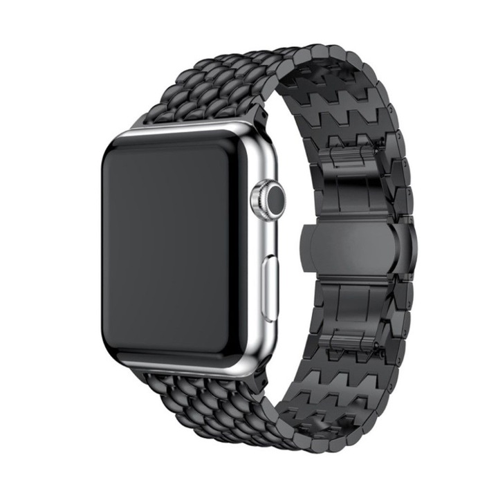Curea Metalica pentru Apple Watch, MTP, Dragon Skin Metal Loop, Compatibila cu Apple Watch 1/2/3/4/5/6/7/SE, Negru, 38 mm