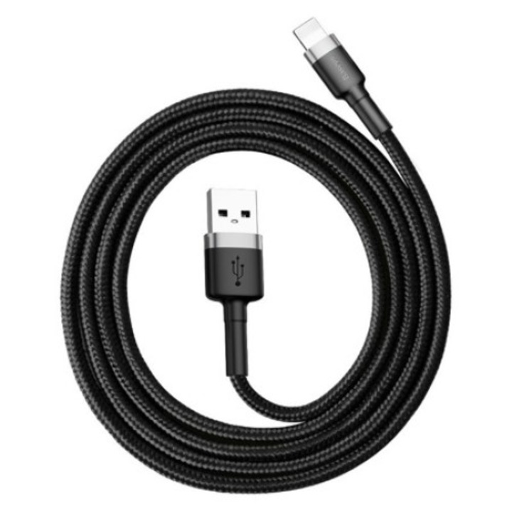 Cablu de date, Baseus Cafule Series, CALKLF-BG1, USB la Lightning, Quick Charge, 2.4 A, Lungime 1 m, Rata transfer 480 Mb/s, Negru/Gri, Tip snur acoperit cu nailon