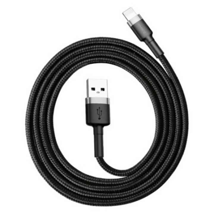 Кабел за данни, Baseus Cafule Series, CALKLF-BG1, USB към Lightning, Бързо зареждане, 2,4 A, Дължина 1 м, Скорост на трансфер 480 Mb/s, Черен/Сив, Тип кабел с найлоново покритие