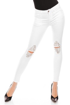 Jeansi dama elastici cu taieturi si strasuri, Alb Jeansi dama elastici cu taieturi si strasuri, Alb