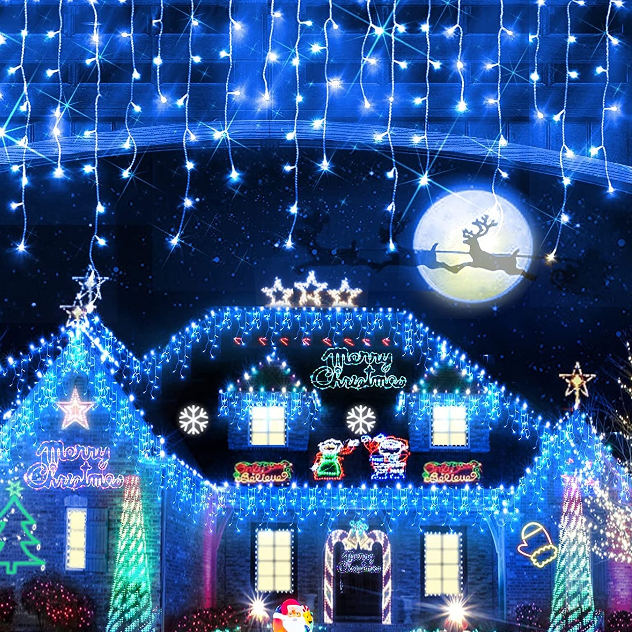 Instalatie de Craciun, Nevermore®, Tip Turturi, Franjuri, Interconectabila, 10 m, 240 LED-uri, Albastru