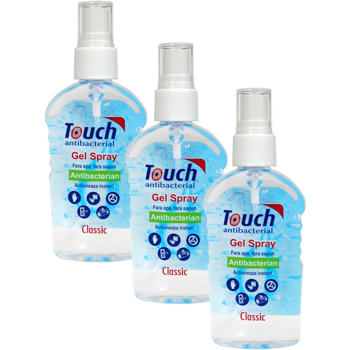 Pachet spray dezinfectant pentru maini Touch, Clasic cu efect antibacterian, 3x59 ml