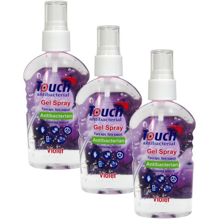 Pachet spray dezinfectant pentru maini Touch, Violet cu efect antibacterian, 3x59 ml