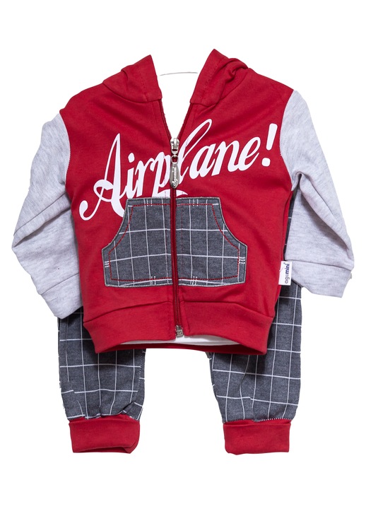 Set compleu copii Airplane, Motat, 3 piese, 100% bumbac, rosu