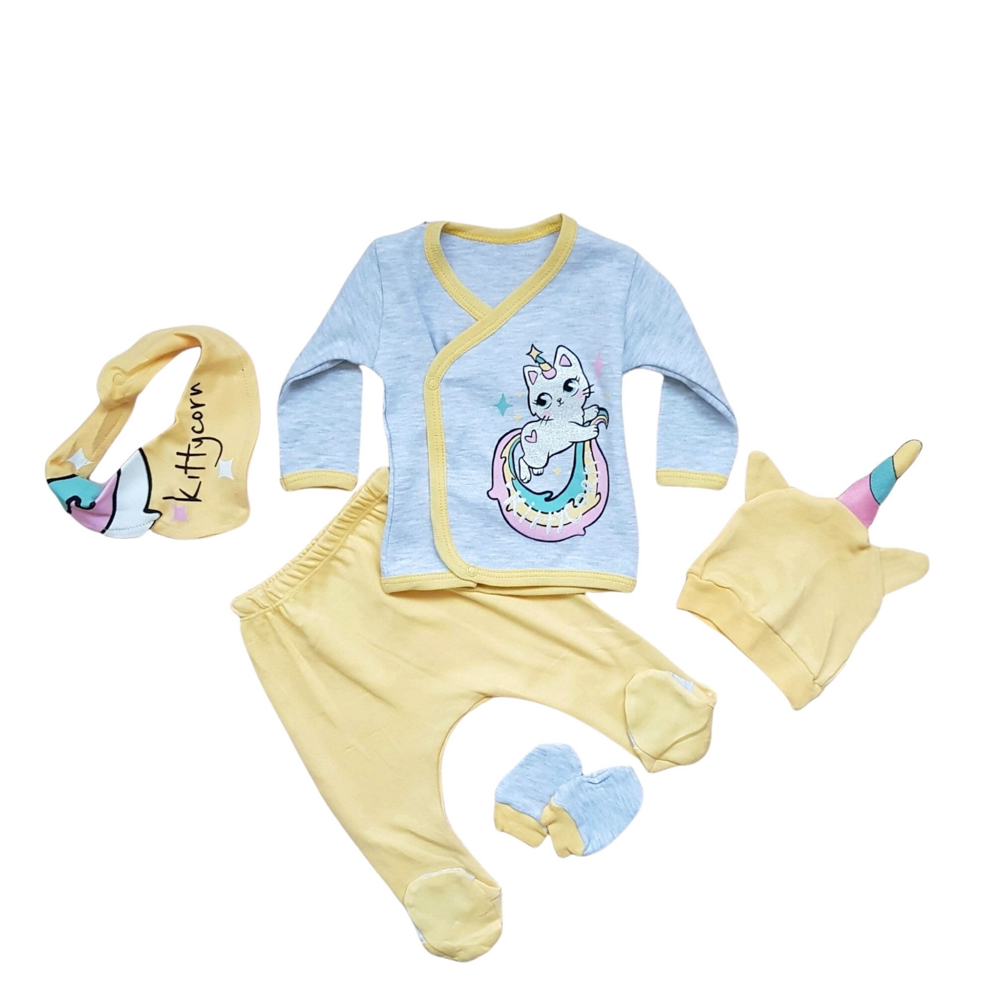 Compleu 5 piese nou-nascut fetite, Kittycorn, varsta 0-3 luni, 62 cm, Multicolor