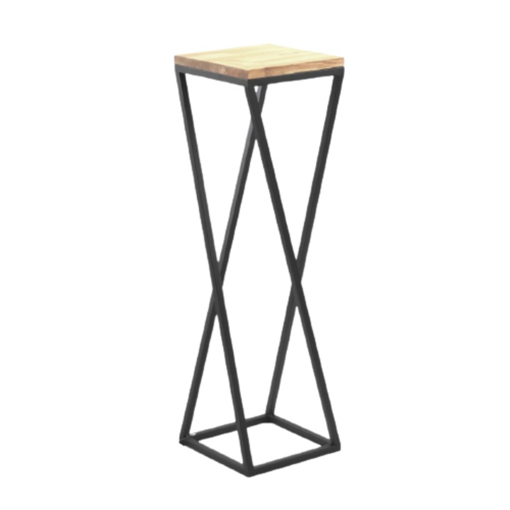 Suport flori din metal si lemn, Inaltime 80 x L 23.5 x l 23.5 cm, Negru