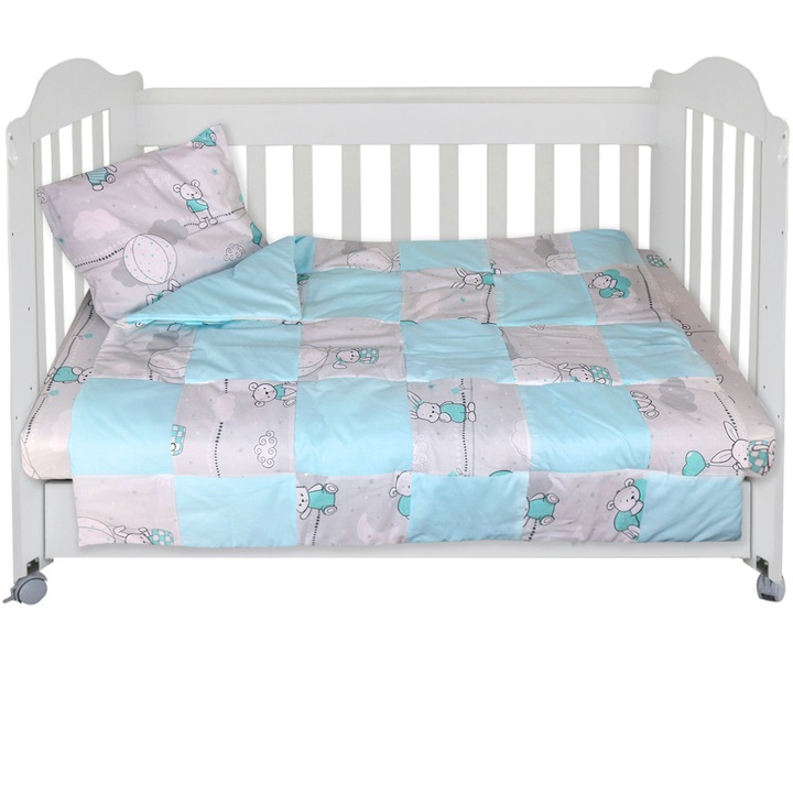 Set Lenjerie cu 4 piese 60/120 cm, bumbac 100%, Sweet Rabbits - Gri/Turcoaz