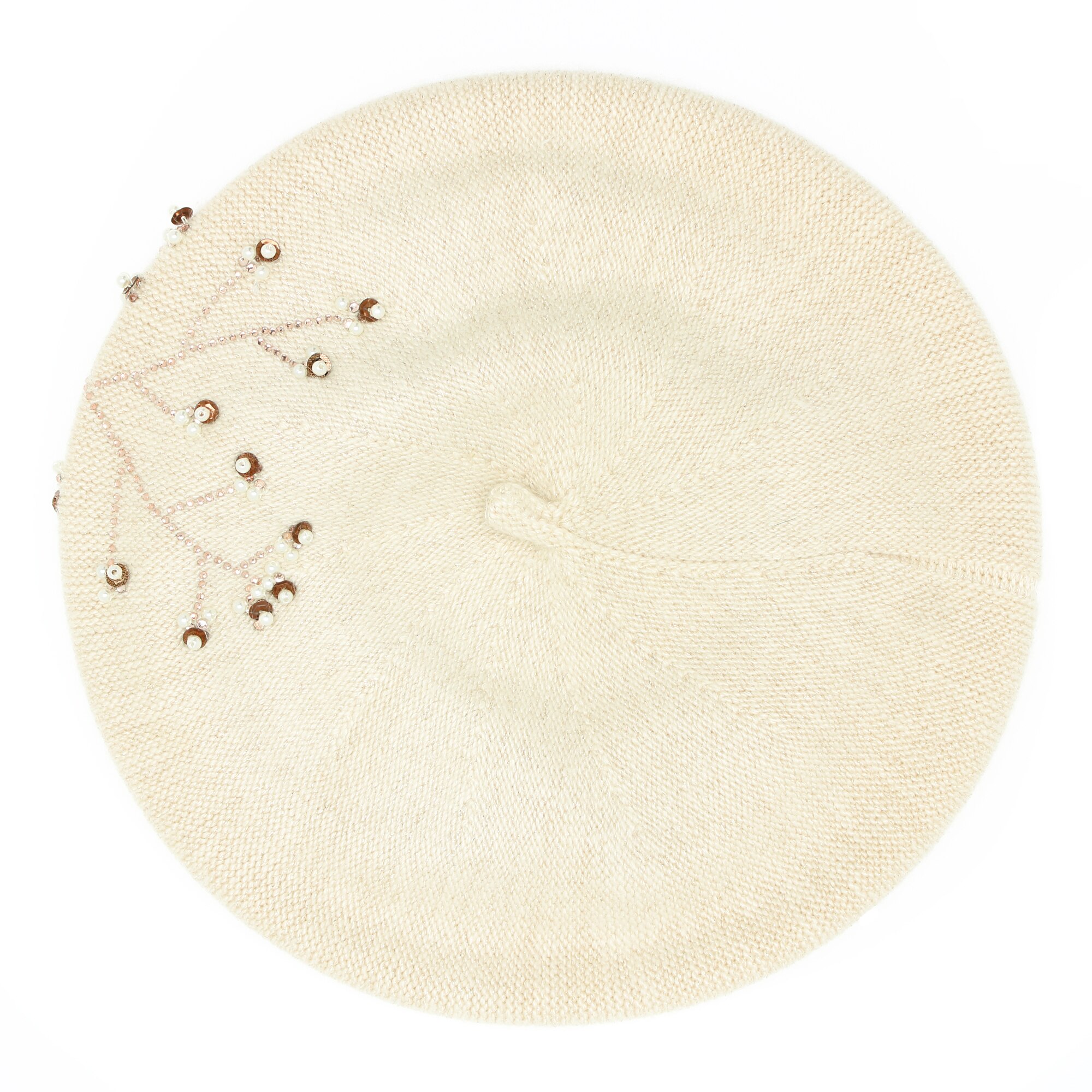 Bereta de dama, 70% acrylic 30% casmir, Crem, cu strasuri si bilute - BSC305