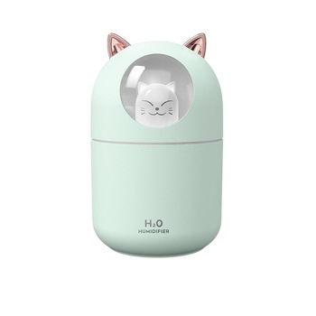 Difuzor de ulei esential, aromaterapie, purificator de aer, rezervor 300ML, cu iluminat, Pisicuta, Turcoaz Difuzor de ulei esential, aromaterapie, purificator de aer, rezervor 300ML, cu iluminat, Pisicuta, Turcoaz