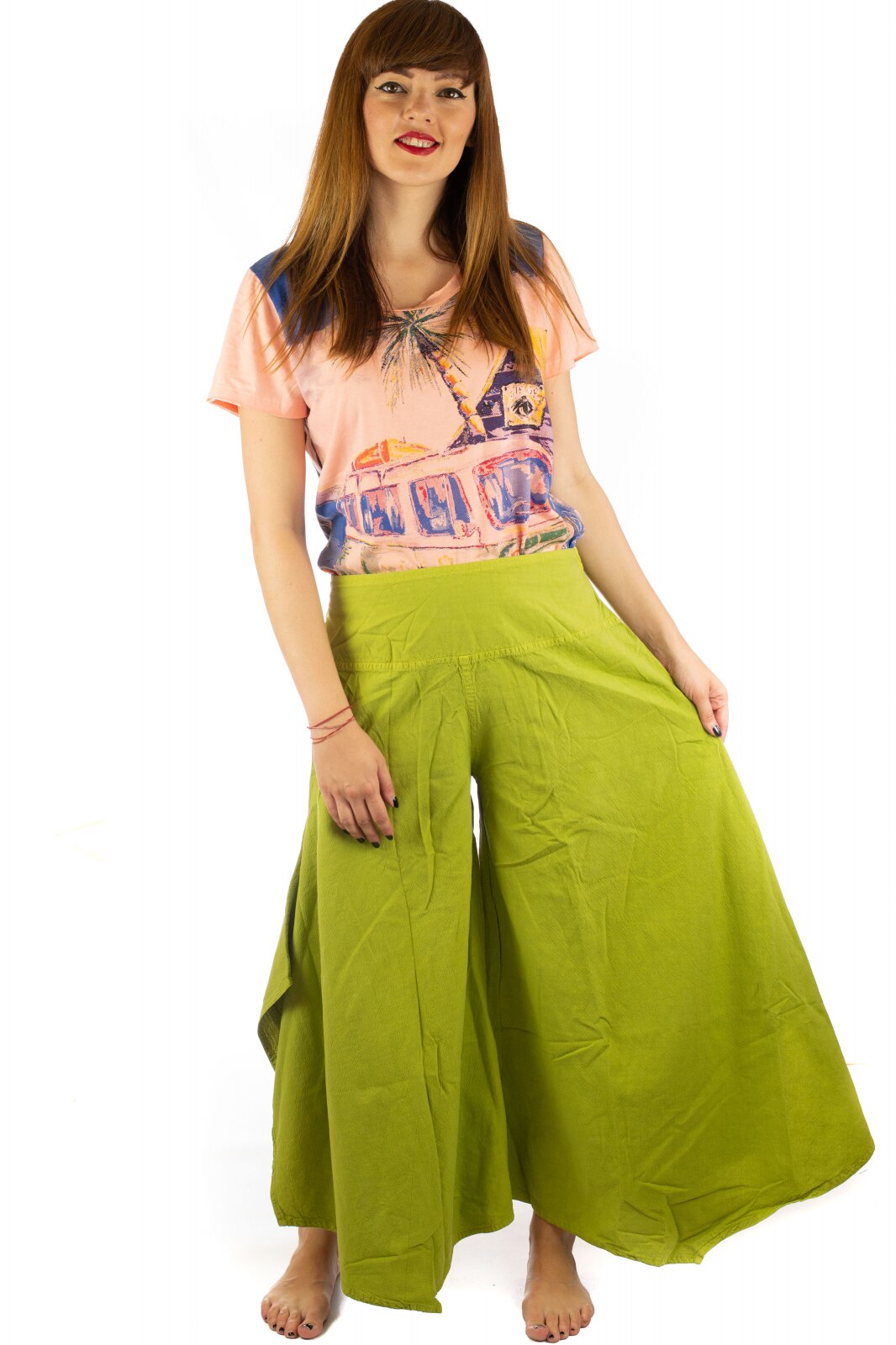 Pantaloni lejeri Ucca Petal Tips Evazat, Lime, marimea L/XL