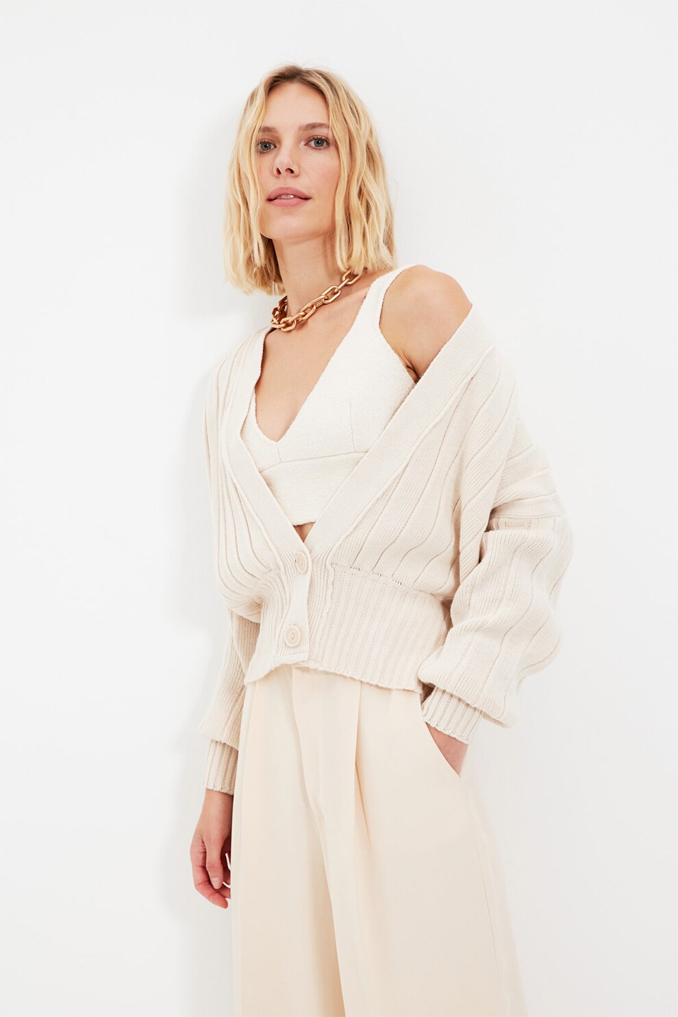 Trendyol, Cardigan cu nasturi si aspect striat, Bej deschis