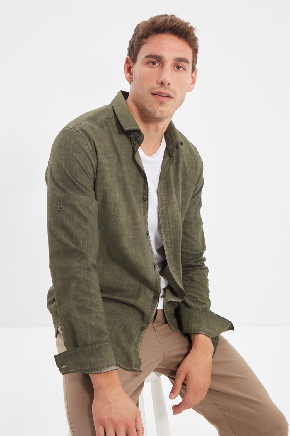 Trendyol, Camasa slim fit cu aspect decolorat, Kaki