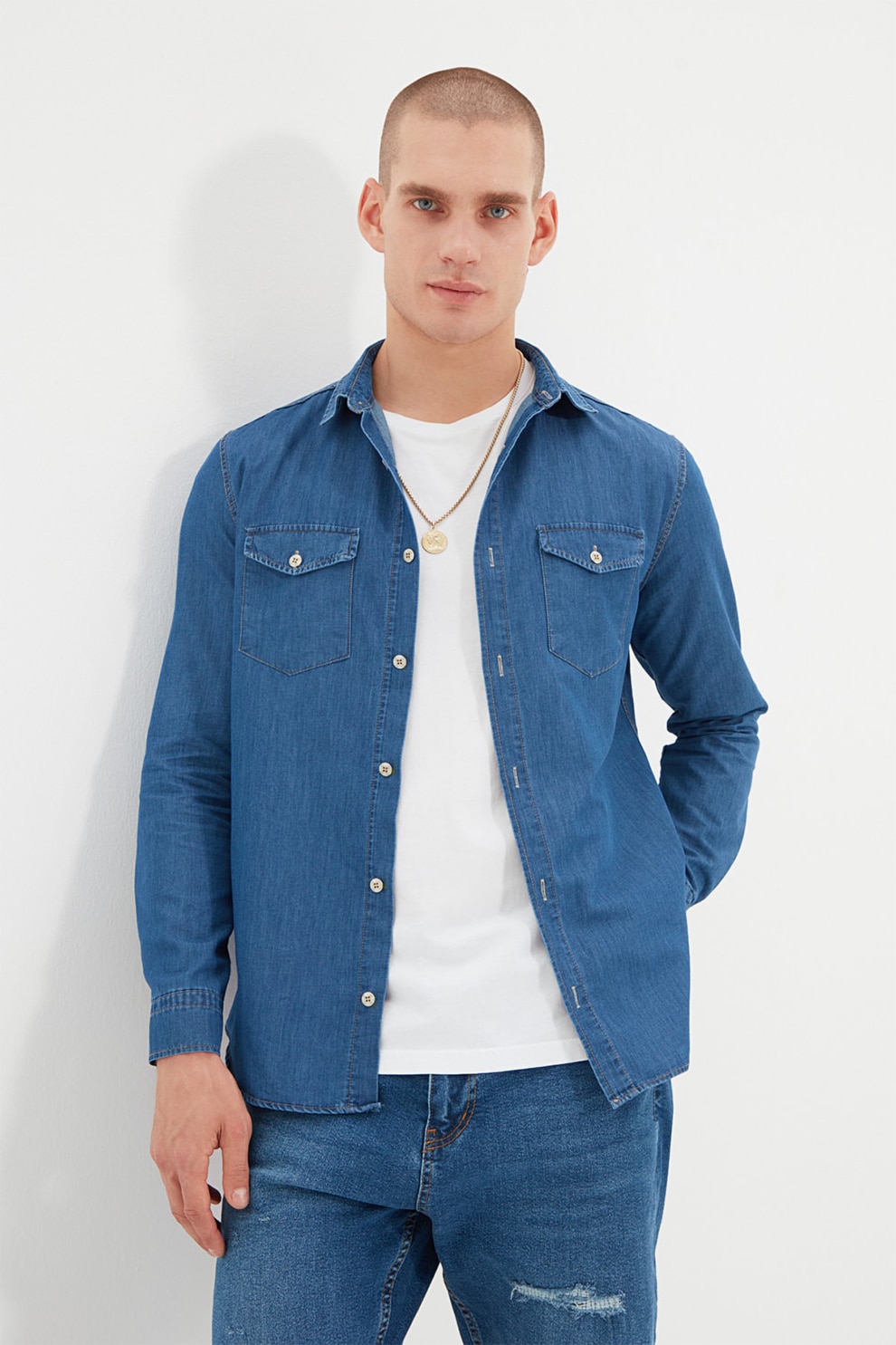 Trendyol, Camasa slim fit din denim, Albastru