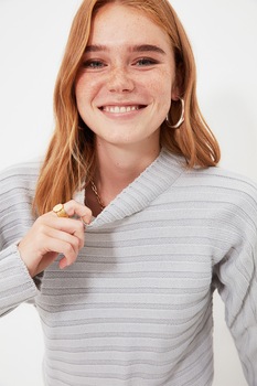 Trendyol, Pulover crop cu decolteu la baza gatului, Gri deschis Trendyol, Pulover crop cu decolteu la baza gatului, Gri deschis