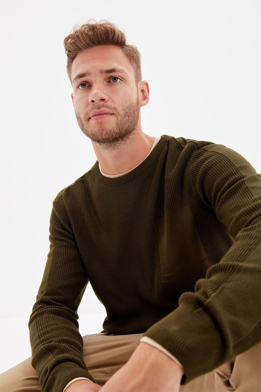 Trendyol, Pulover slim fit cu buzunar aplicat pe piept, Verde militar