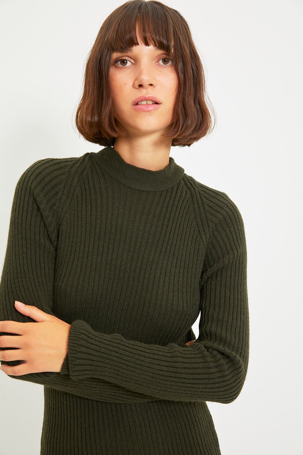 Trendyol, Rochie pulover bodycon cu decupaj pe spate, Verde inchis