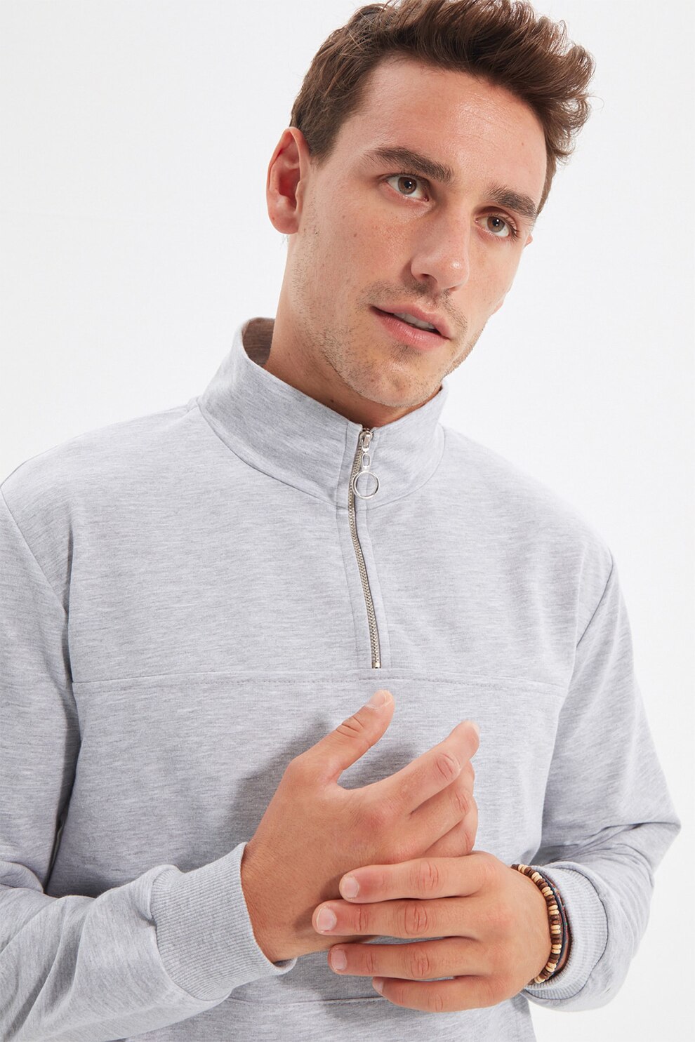 Trendyol, Bluza sport cu fenta cu fermoar, Gri melange