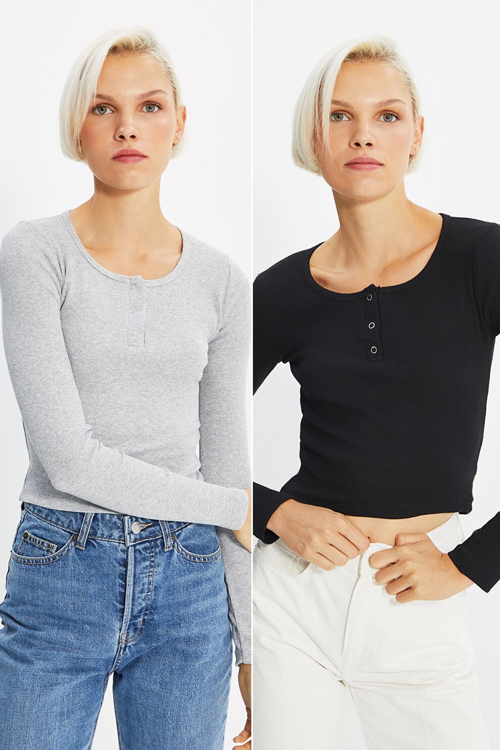 Trendyol, Set de bluze Henley de jerseu - 2 piese, Negru/Gri melange