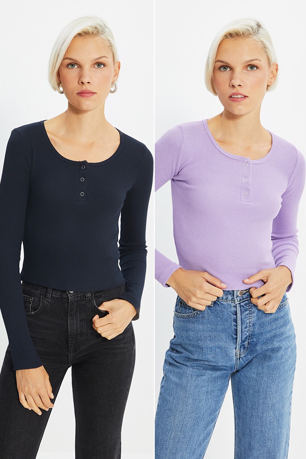 Trendyol, Set de bluze Henley de jerseu - 2 piese, Bleumarin inchis/Lila