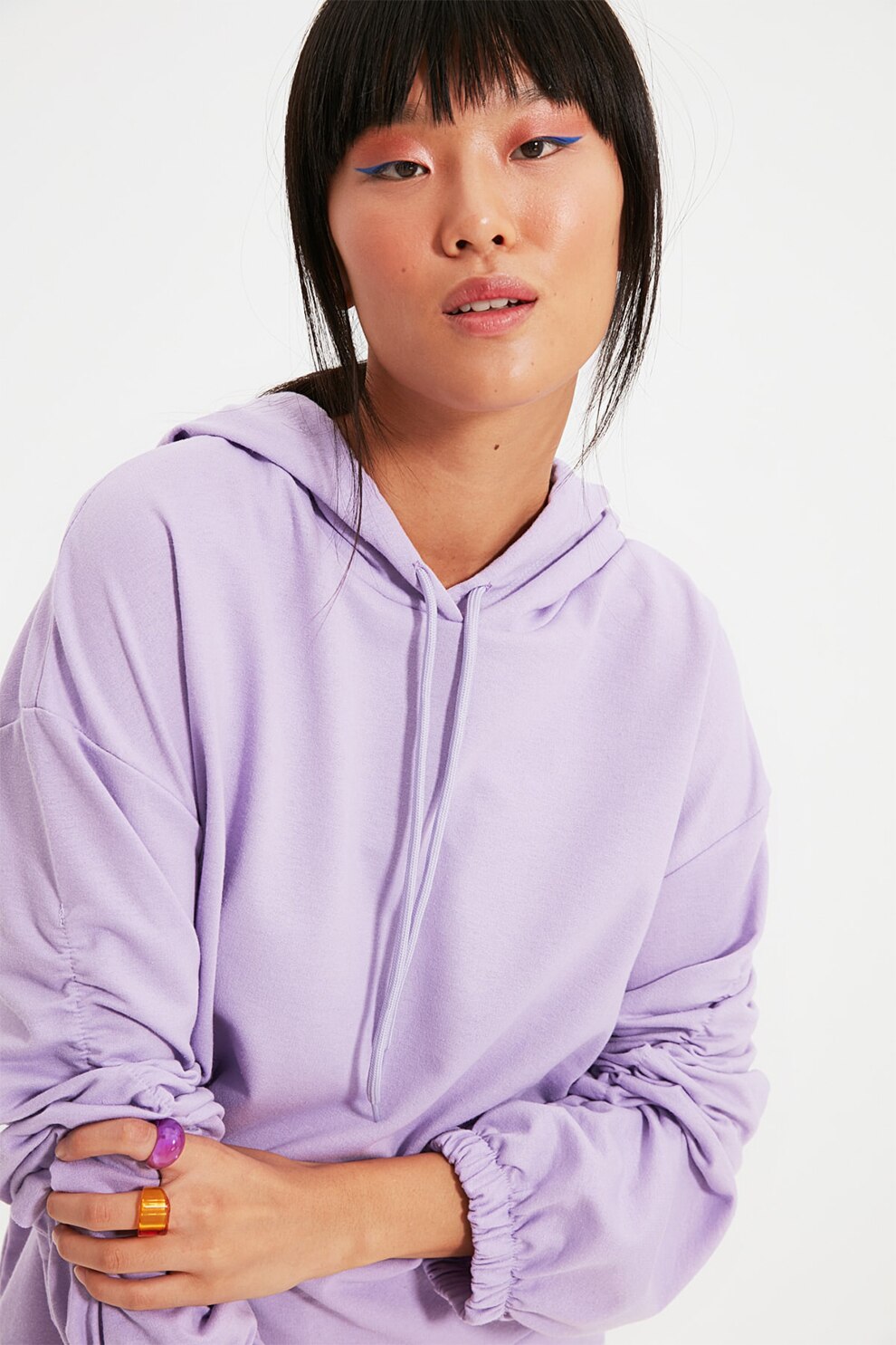 Trendyol, Hanorac cu snur si maneci cu fronseuri, Lila