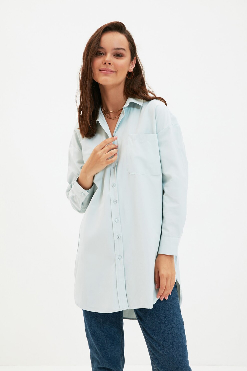 Trendyol, Camasa supradimensionata cu terminatie asimetrica, Albastru azur