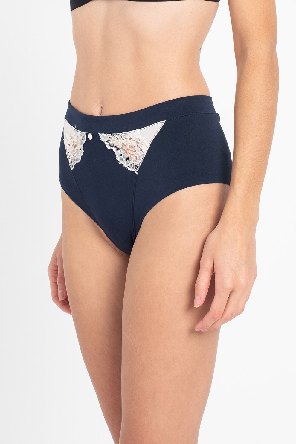 Yamamay, Chiloti cu talie inalta si detalii din dantela, Bleumarin/Crem