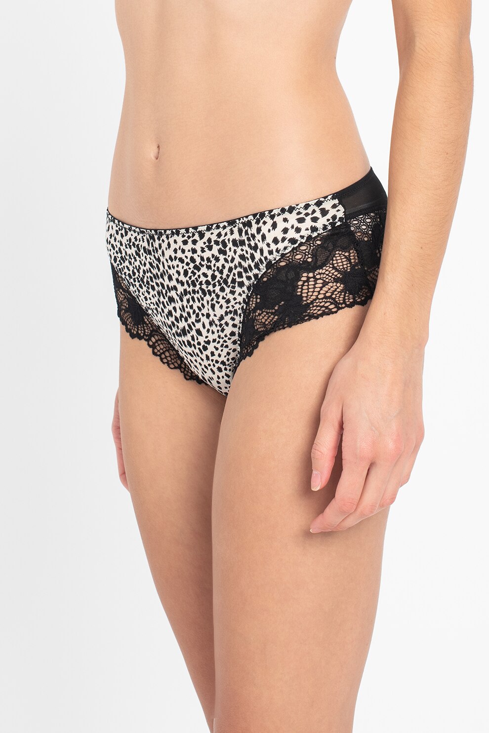 Yamamay, Chiloti hipster cu animal print si detalii din dantela, Bej/Negru