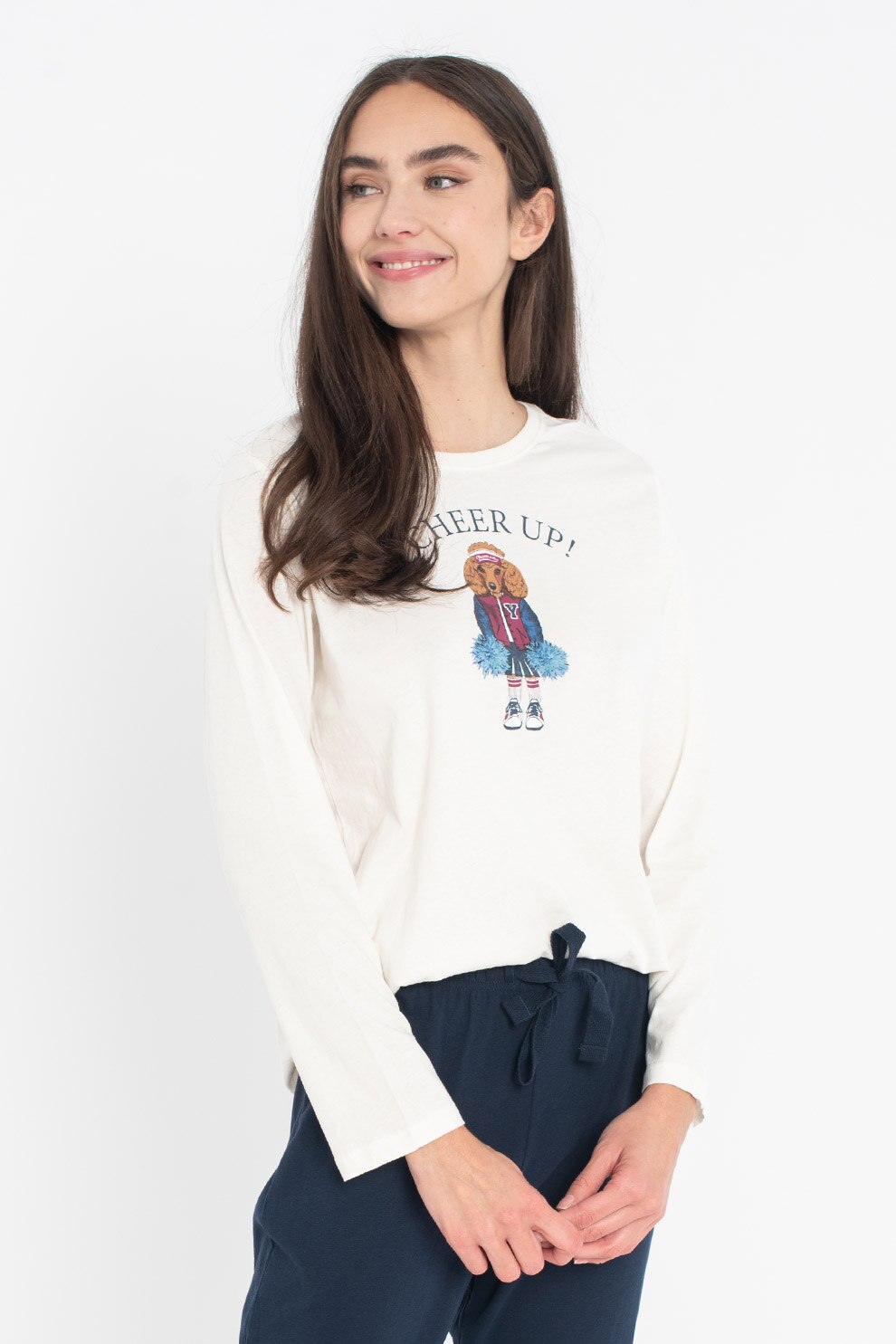 Yamamay, Pijama lunga cu imprimeu grafic, Bleumarin/Crem