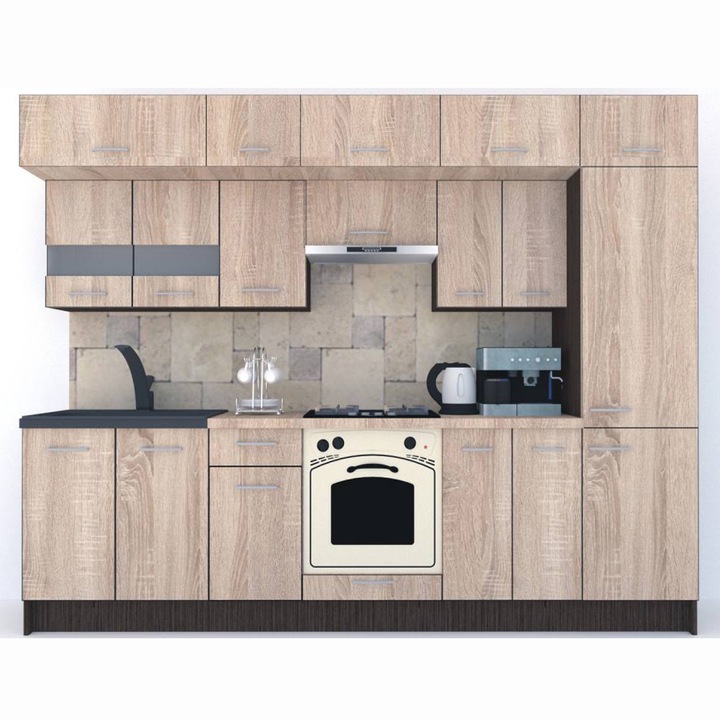 Set Bucatarie Genarom BIGMAR 290 4A1, 290 x 225,5 x 60 cm, Wenge / Decor 3025