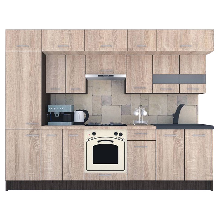 Set Bucatarie Genarom BIGMAR 290 4A2, 290 x 225,5 x 60 cm, Wenge / Decor 3025