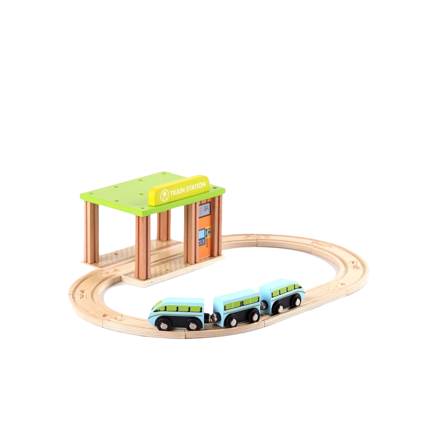 Set trenulet din lemn, format din sina de tren, statie de tren si 3 trenulete, Loef