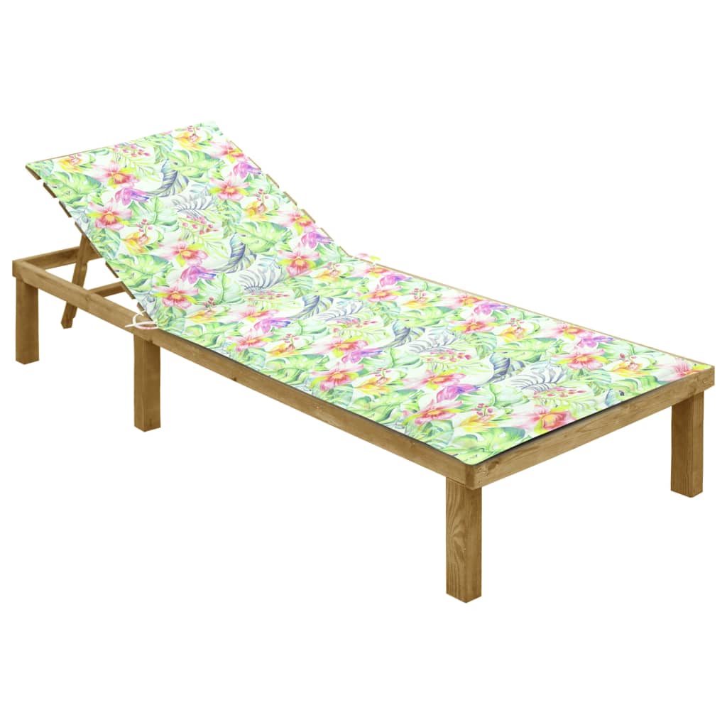 Sezlong cu perna cu model cu frunze, lemn de pin tratat 3065831 maro/verde cu flori 200 x 70 x (31,5-77) cm