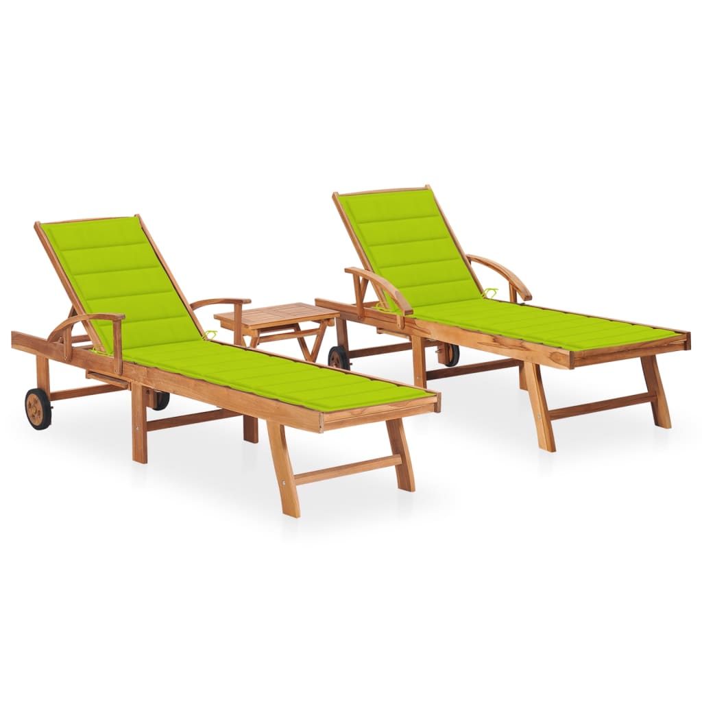 Set sezlonguri , 2 buc, cu masa si perna, maro/verde lemn masiv de tec 3073182 195 x 59,5 x 35 cm