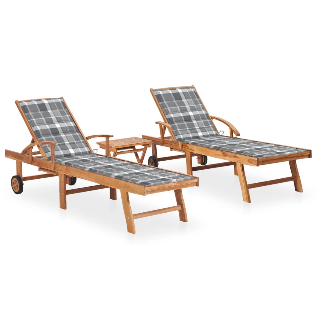 Set sezlonguri , 2 buc cu masa si perna, maro/gri lemn masiv de tec 3073185 195 x 59,5 x 35 cm