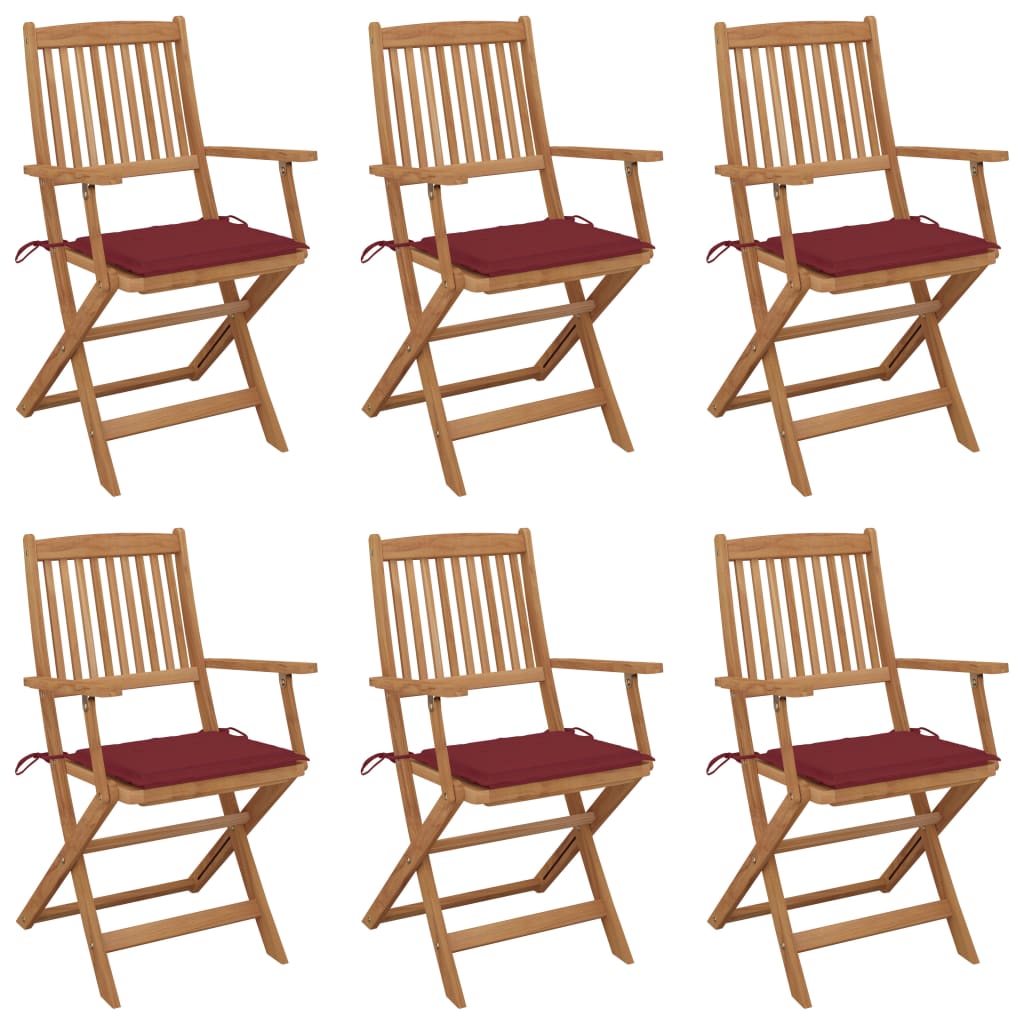 Set Scaune gradina pliabile cu perne, 6 buc maro/rosu vin, lemn masiv acacia 3065470