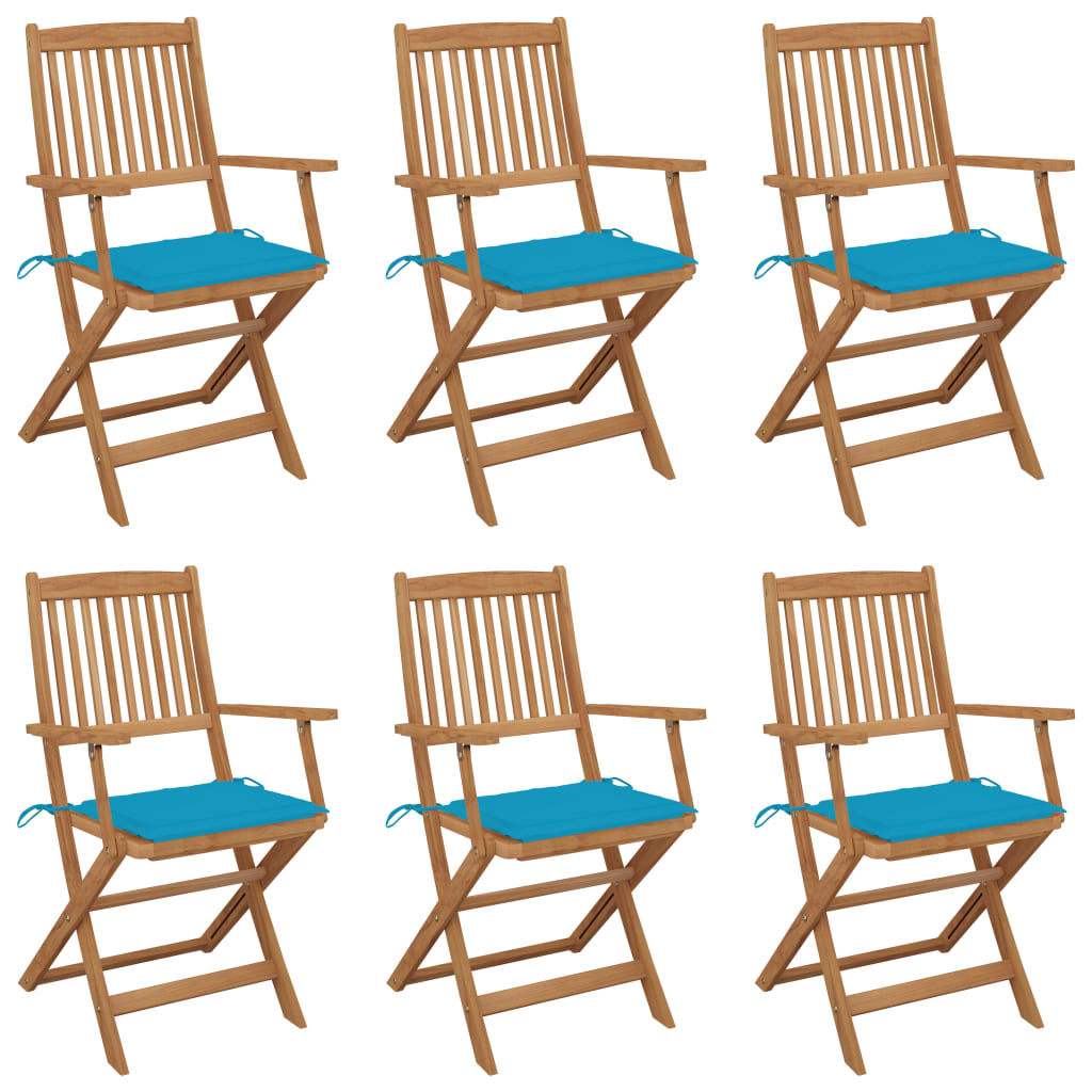 Set Scaune gradina pliabile, cu perne, 6 buc maro/Albastru, lemn masiv de acacia 3074944