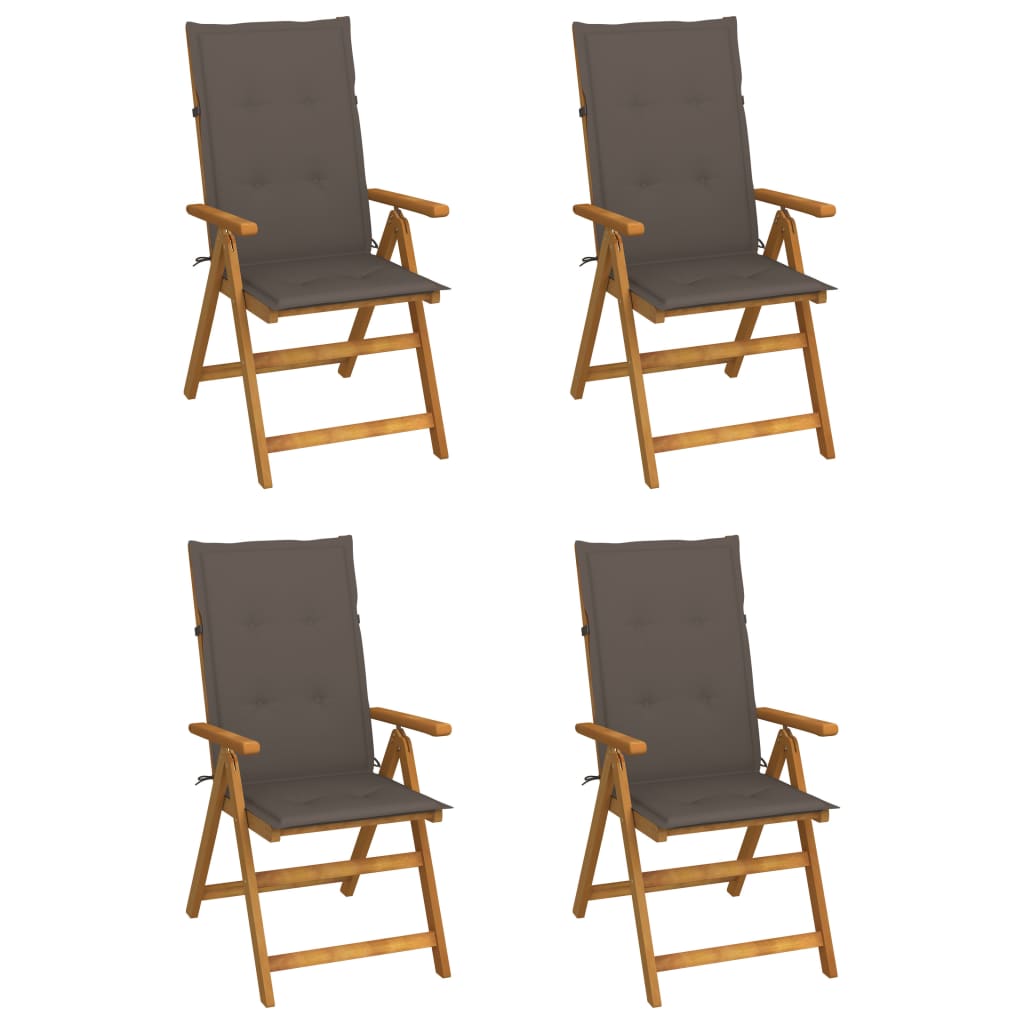 Set de 4 scaune rabatabile de gradina cu perne vidaXL, Lemn de acacia, 57 x 69 x 111 cm, perna 4 cm, Maro/Gri taupe