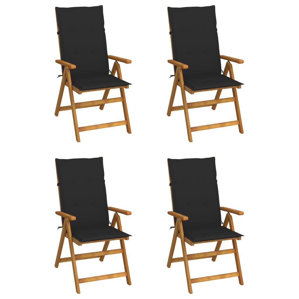 Set de 4 scaune rabatabile de gradina cu perne vidaXL, Lemn de acacia, 57 x 69 x 111 cm, perna 4 cm, Maro/Negru