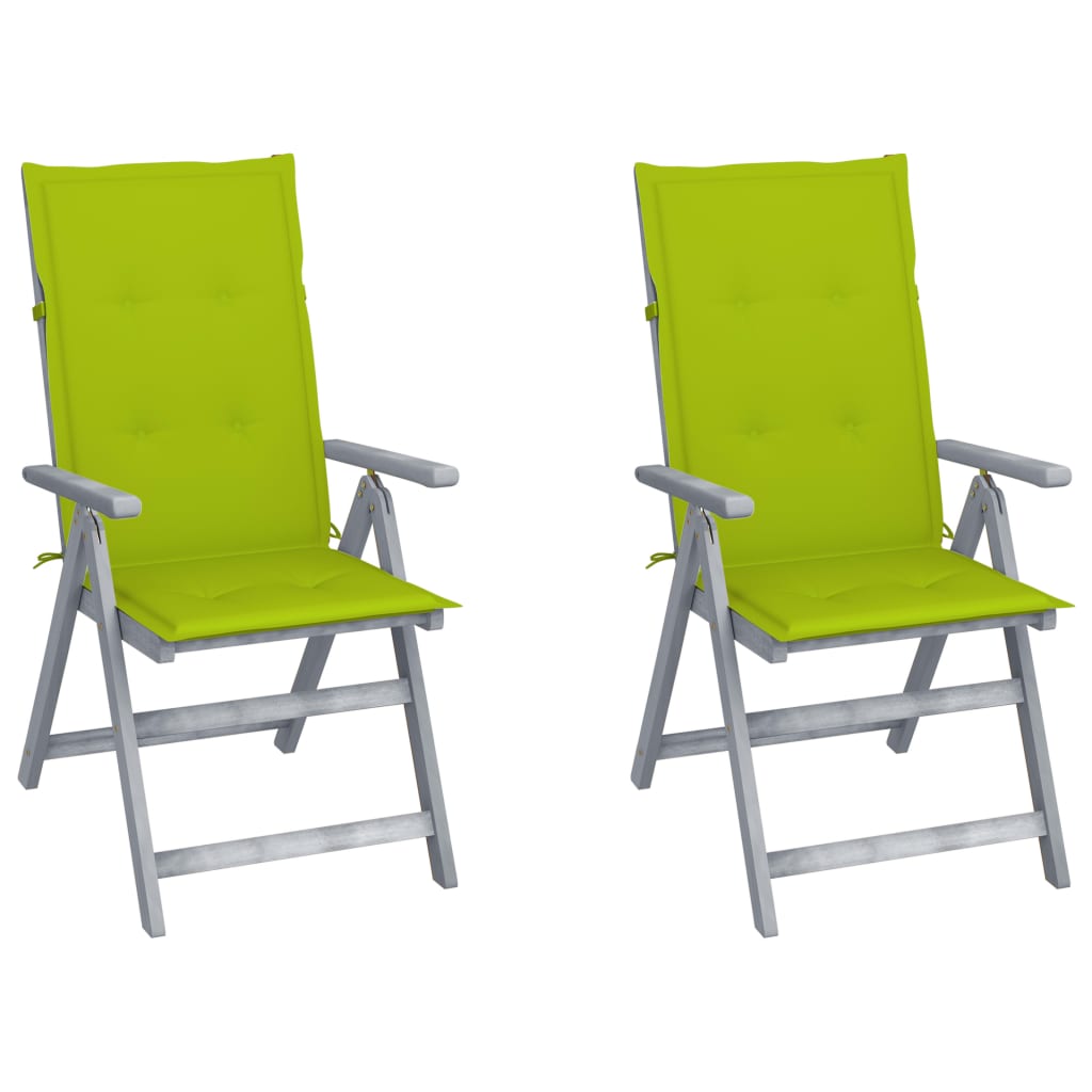 Set de 2 scaune rabatabile de gradina cu perne vidaXL, Lemn de acacia, 56 x 70 x 110 cm, perna 4 cm, Gri/Verde deschis