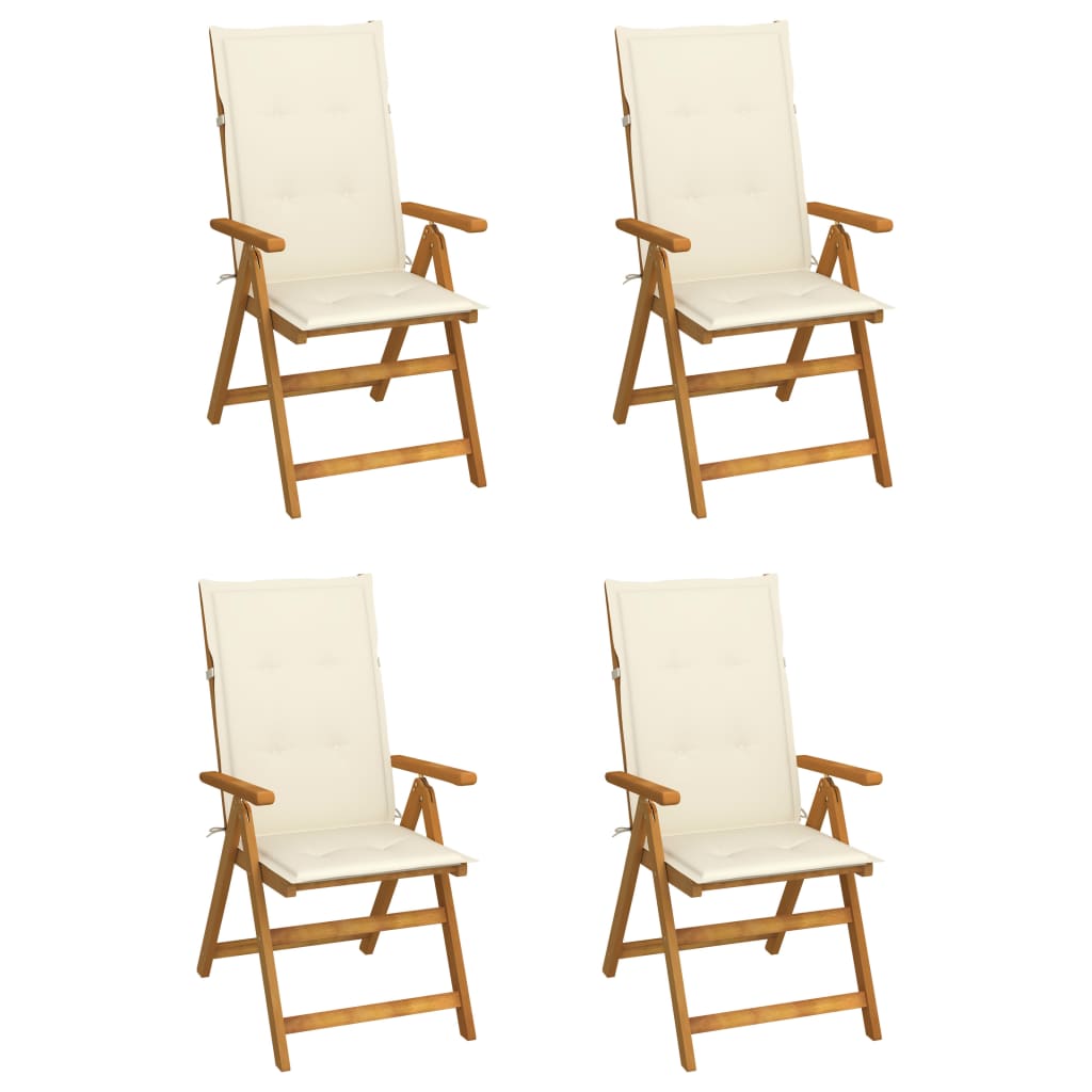 Set de 4 scaune rabatabile de gradina cu perne vidaXL, Lemn de acacia, 57 x 69 x 111 cm, perna 4 cm, Maro/Crem