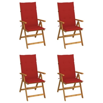 Set de 4 scaune rabatabile de gradina cu perne vidaXL, Lemn de acacia, 57 x 69 x 111 cm, perna 4 cm, Maro/Rosu