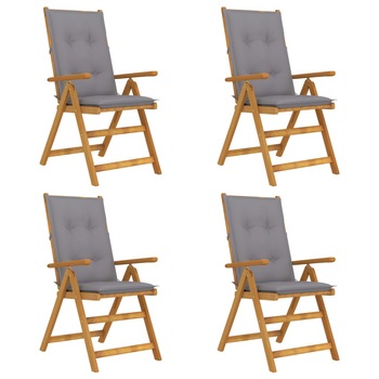 Set de 4 scaune rabatabile de gradina cu perne colorate vidaXL, Lemn de acacia, 57 x 69 x 111 cm, perna 7 cm, Maro/Gri