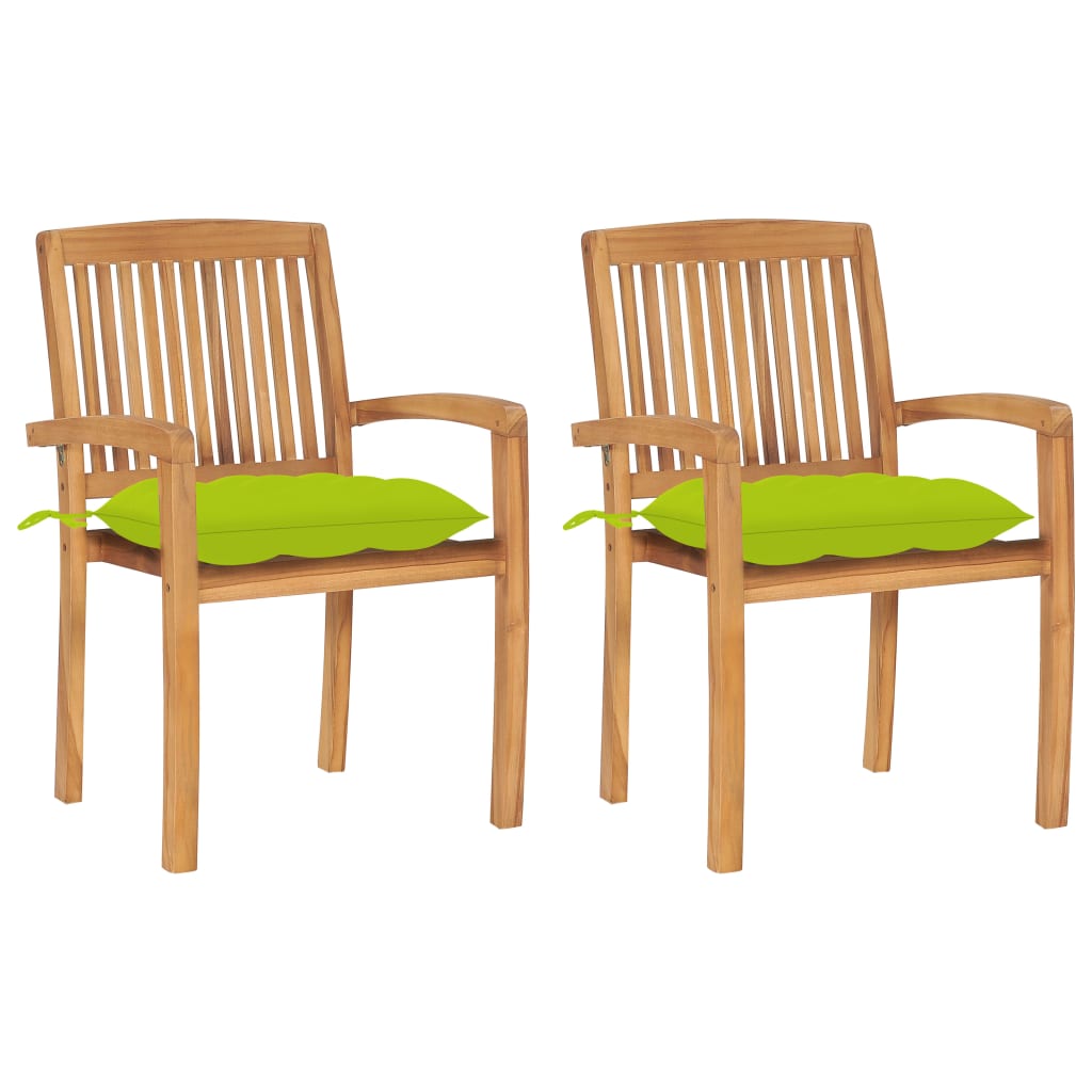 Set de 2 scaune de exterior, cu perne si brate, vidaXL, Lemn de tec-Poliester, 60 x 57,5 x 90 cm, 7 cm, Maro/Perne verde aprins